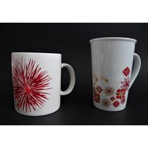 2 Starbucks Coffee Mugs  Red Star Burst & Pointsettia Snowflake Pattern 12 oz